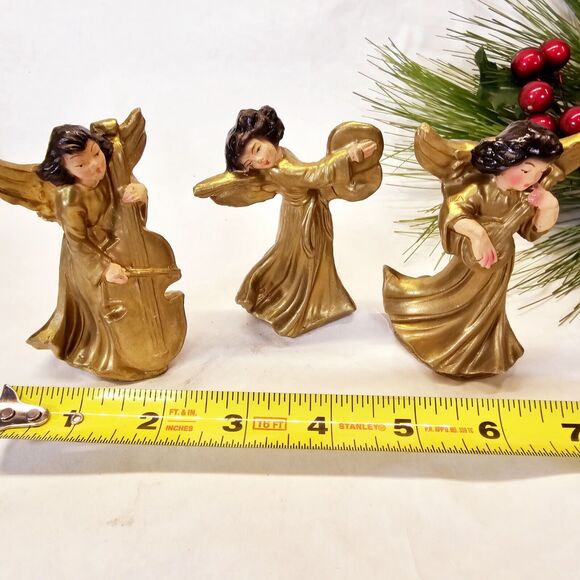 3- MCM Vintage Gold Hand Painted Woolworths Christmas Musical Angel Ornaments - Picture 2 of 7